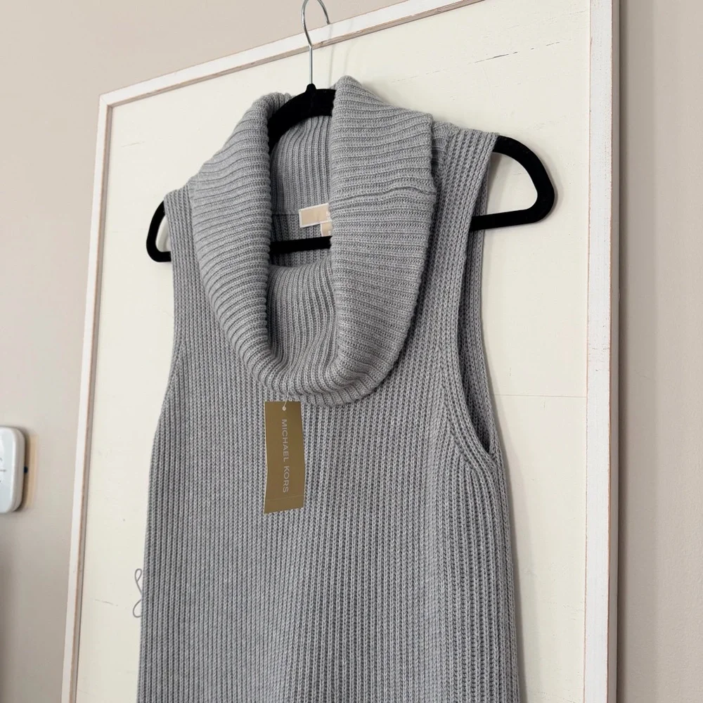 MICHAEL KORS Chunky Cable Knit Sleeveless Cowl Neck Sweater Tunic Grey Small